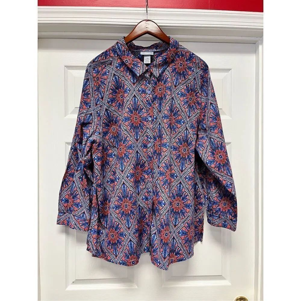 Catherine’s Blue & Orange Print Button Down Tab Sleeve Shirt sz 3X EUC